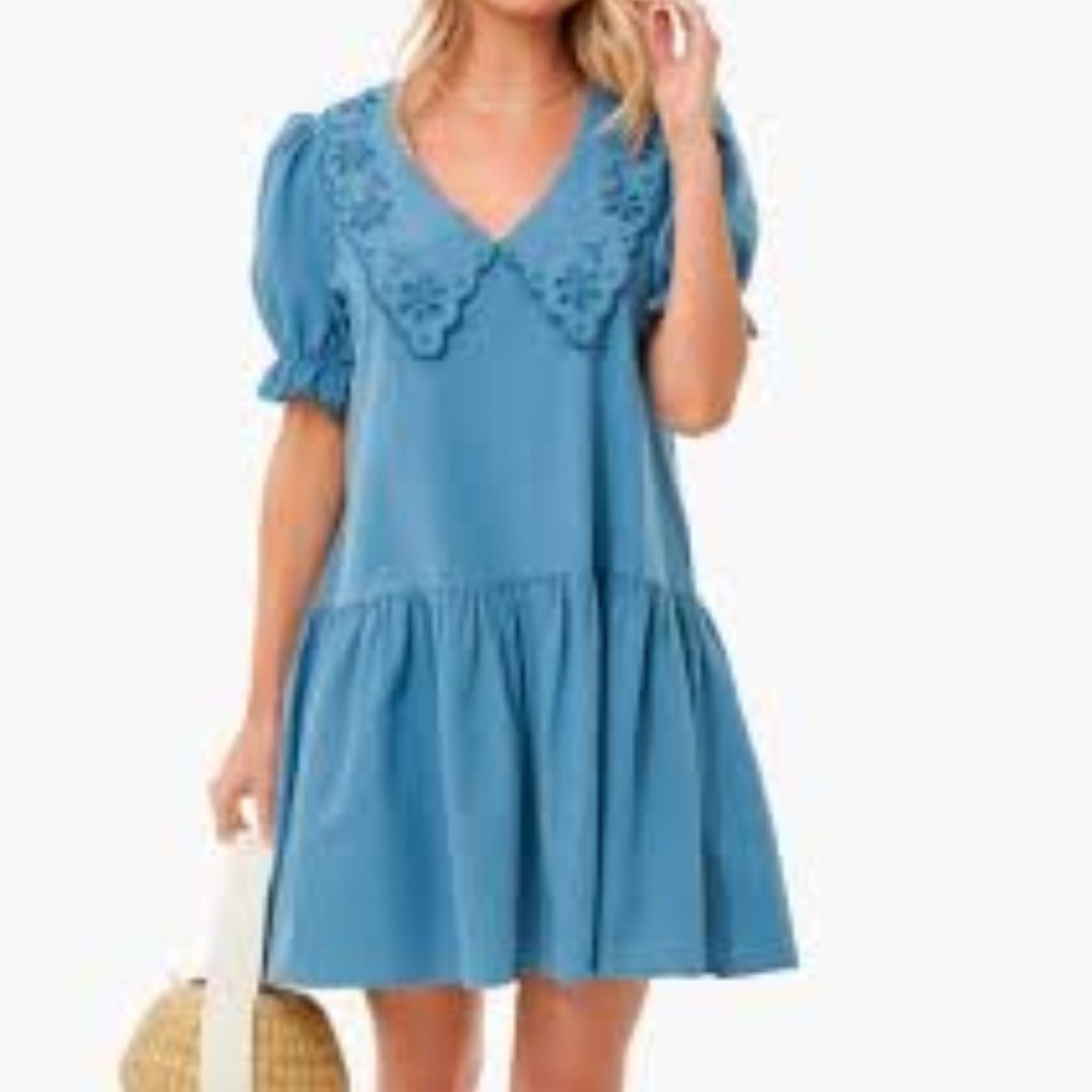Pomander Place Dusty Blue Eyelet Collar Short Dress